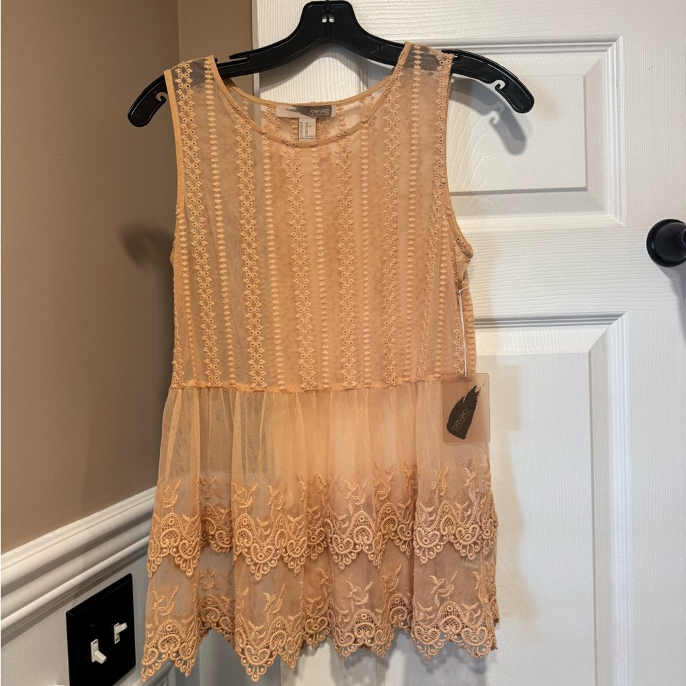 Sheer embroidered Lace Peplum Blouse - Light Peach -NWT